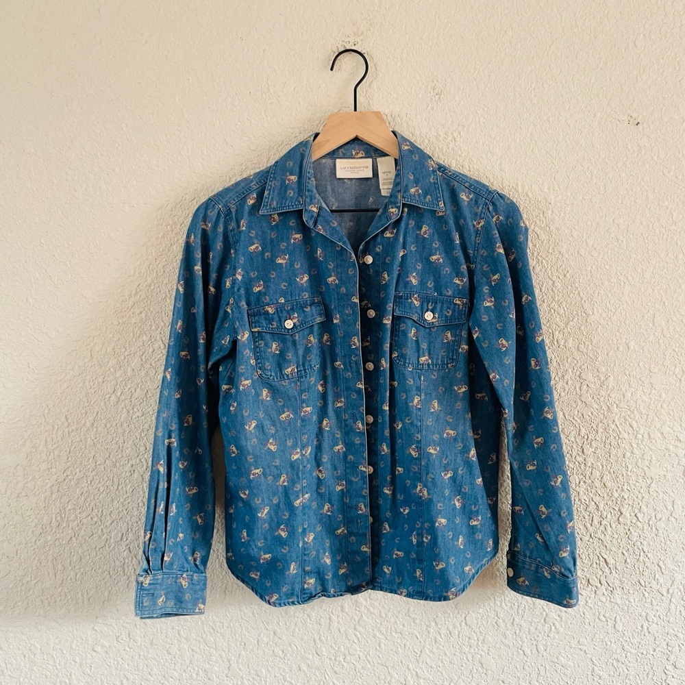 Vintage Liz Claiborne Denim Button Up Print Top